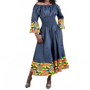 NEW KARA CHIC off-shoulder smocked waist dress in denim yellow
